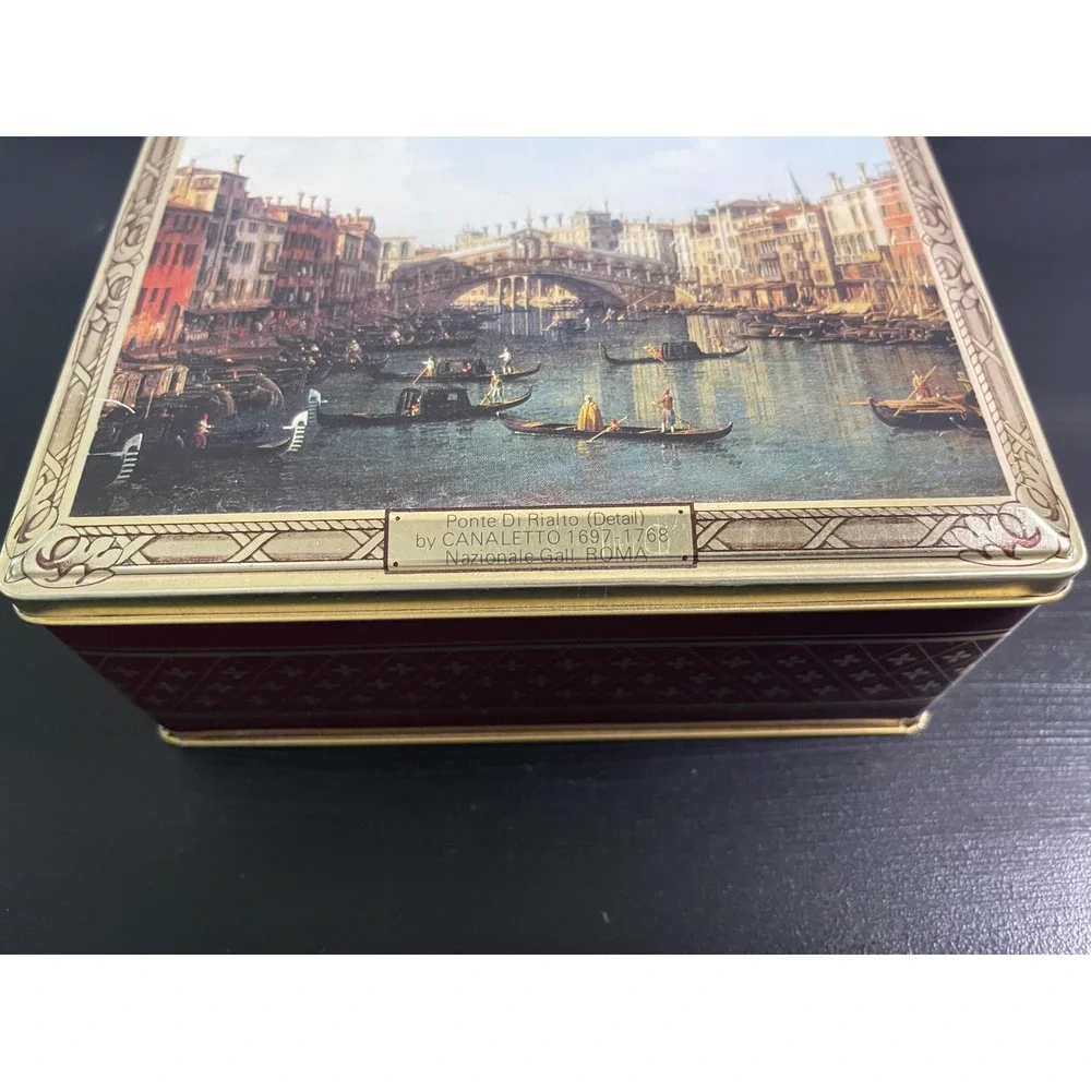 Vintage Canaletto Ponte Di Rialto Venice Art Tin Made in England Canco Burgundy